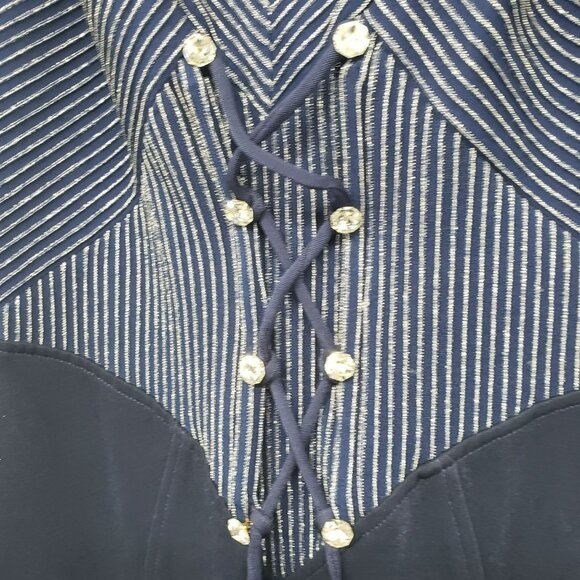 Vintage 90s Tadashi Blue Silver Corset Rhinestone Long Maxi Prom Dress - Picture 3 of 11